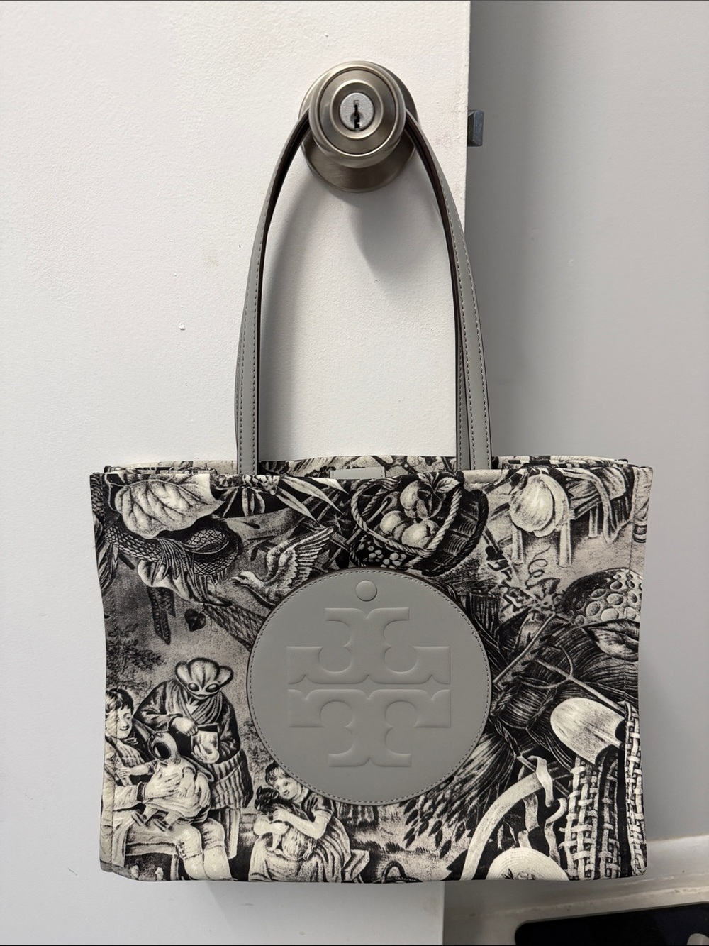 Tory Burch Ella Alien Print Canvas Logo Tote with Grey Leather Trim NWOT